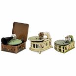 3 Toy Gramophones, c. 19251) Gama Phola, Georg Adam Mangold, Fürth, Germany. Lithographed tin,