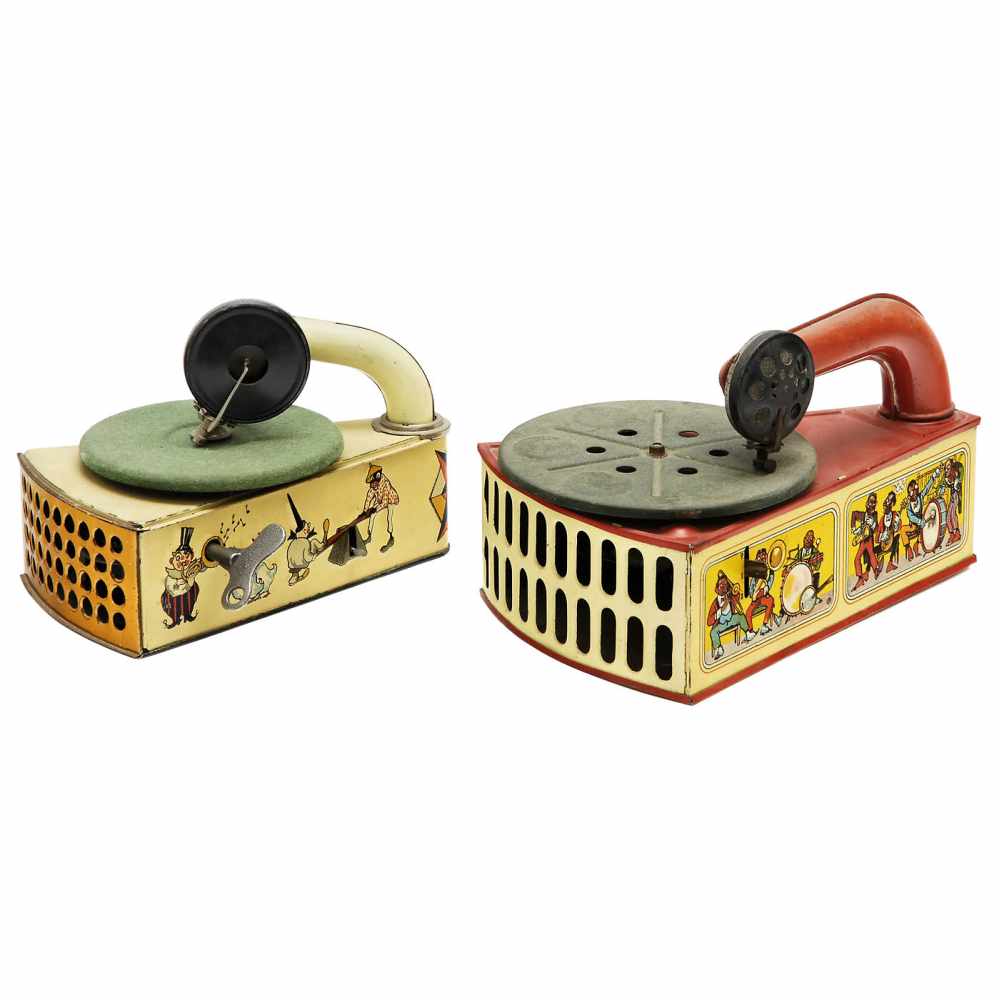 2 Rare Toy Gramophones, c. 19251) "LM", Leonhard Müller, Nuremberg, Germany. Lithographed tin,