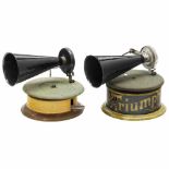 2 Toy Gramophones, c. 19251) Saphonette, Germany. Lithographed tin, spring-driven, working, a very