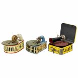 3 Toy Gramophones, c. 19251) Gama Phola, Georg Adam Mangold, Fürth, Germany. Lithographed tin,