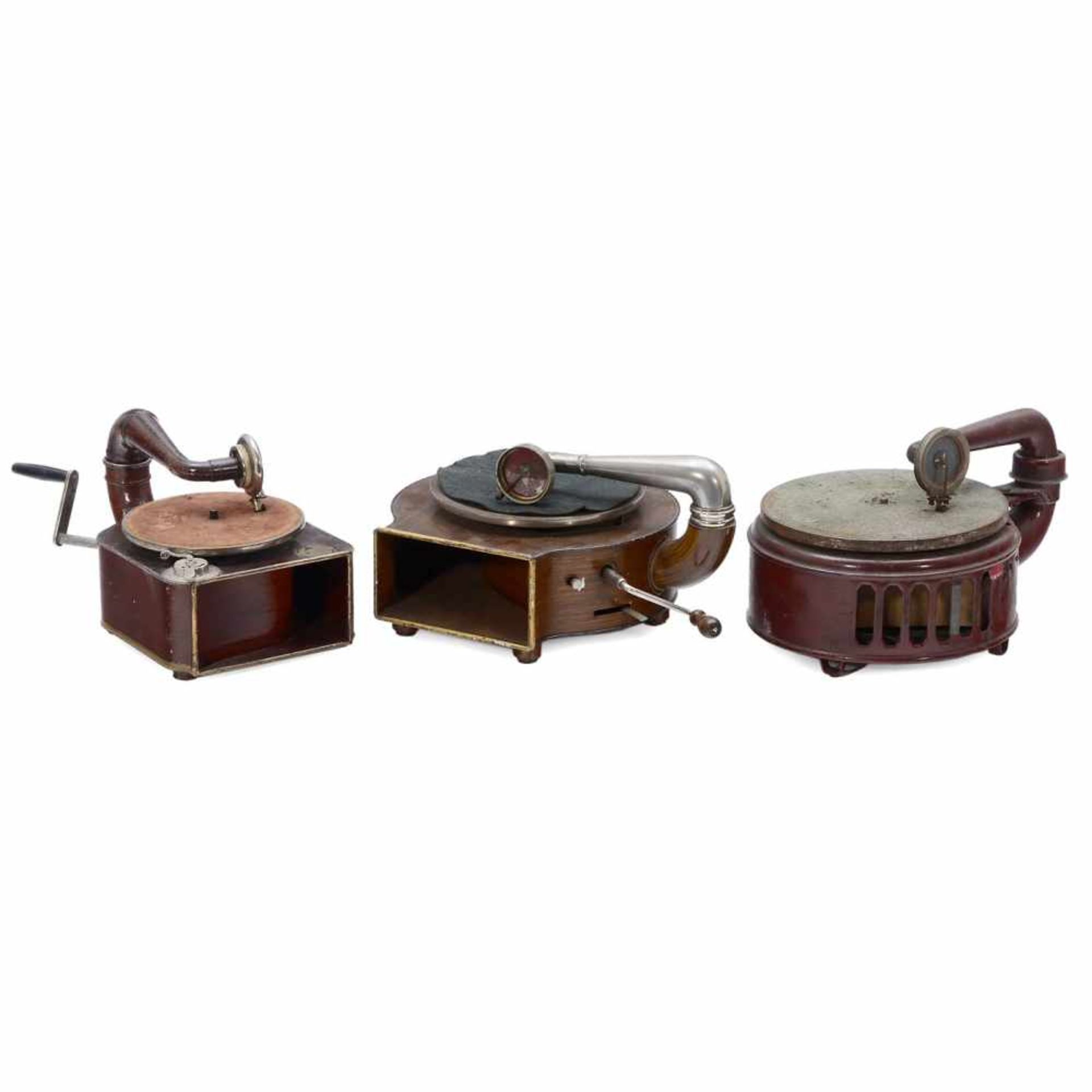 3 Gramophones with Grained Metal Cases, c. 19351) Seil & Voss, Berlin, the motor runs unsmothly