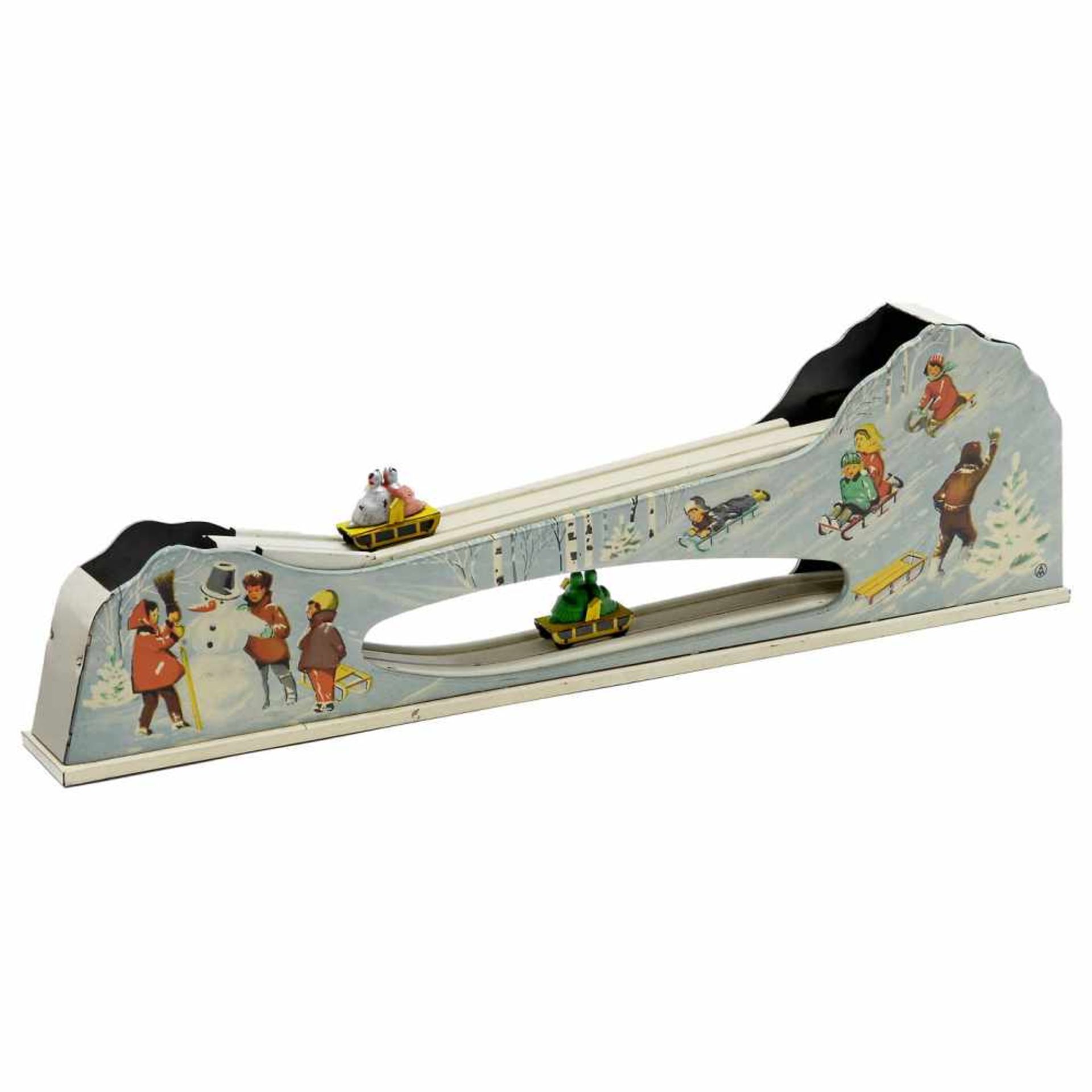 Tinplate Toboggan Run, c. 1955Marked "A.M.", France or Germany. Lithographed tin, spring-driven