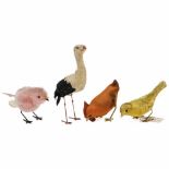 4 Bird Prototypes from the Schuco Product Development, c. 1935Velvet and mohair, metal beaks and