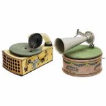 2 Toy Gramophones, c. 19251) Dixyphone, Germany. Lithographed tin, spring-driven, working. - And: 2)