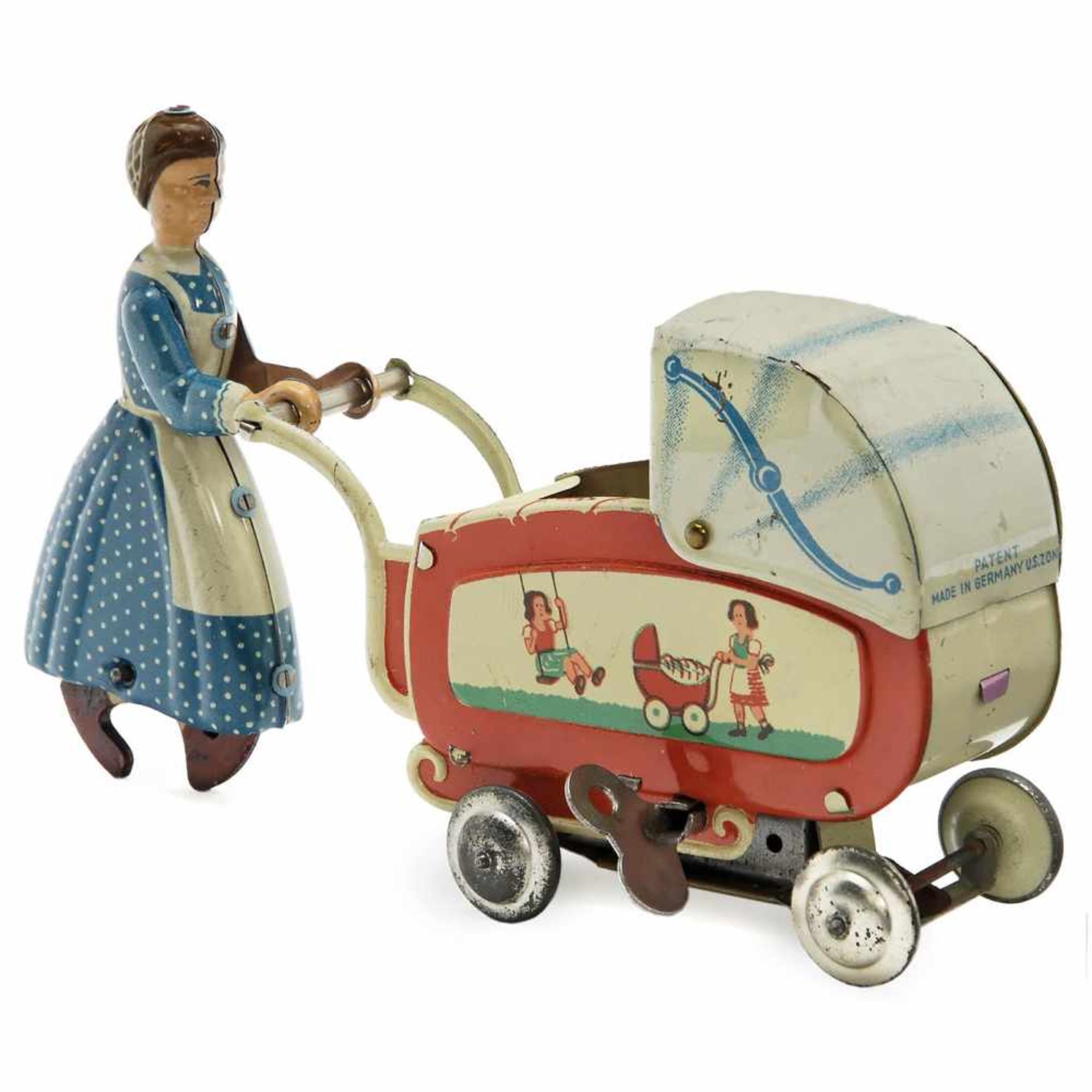 Maid with Pram by Fritz Voit, c. 1950Fritz Voit, Zirndorf, Germany. Lithographed tin, spring-