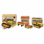 3 German Toy Tractors, c. 1950-601) Arnold, no. 7900, bulldozer, tin and plastic, crank and helix