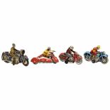 4 Tin Toy Motorcycles, c. 19601) Huki 21, with sidecar, friction drive. - 2) Huki K-1021, spring-