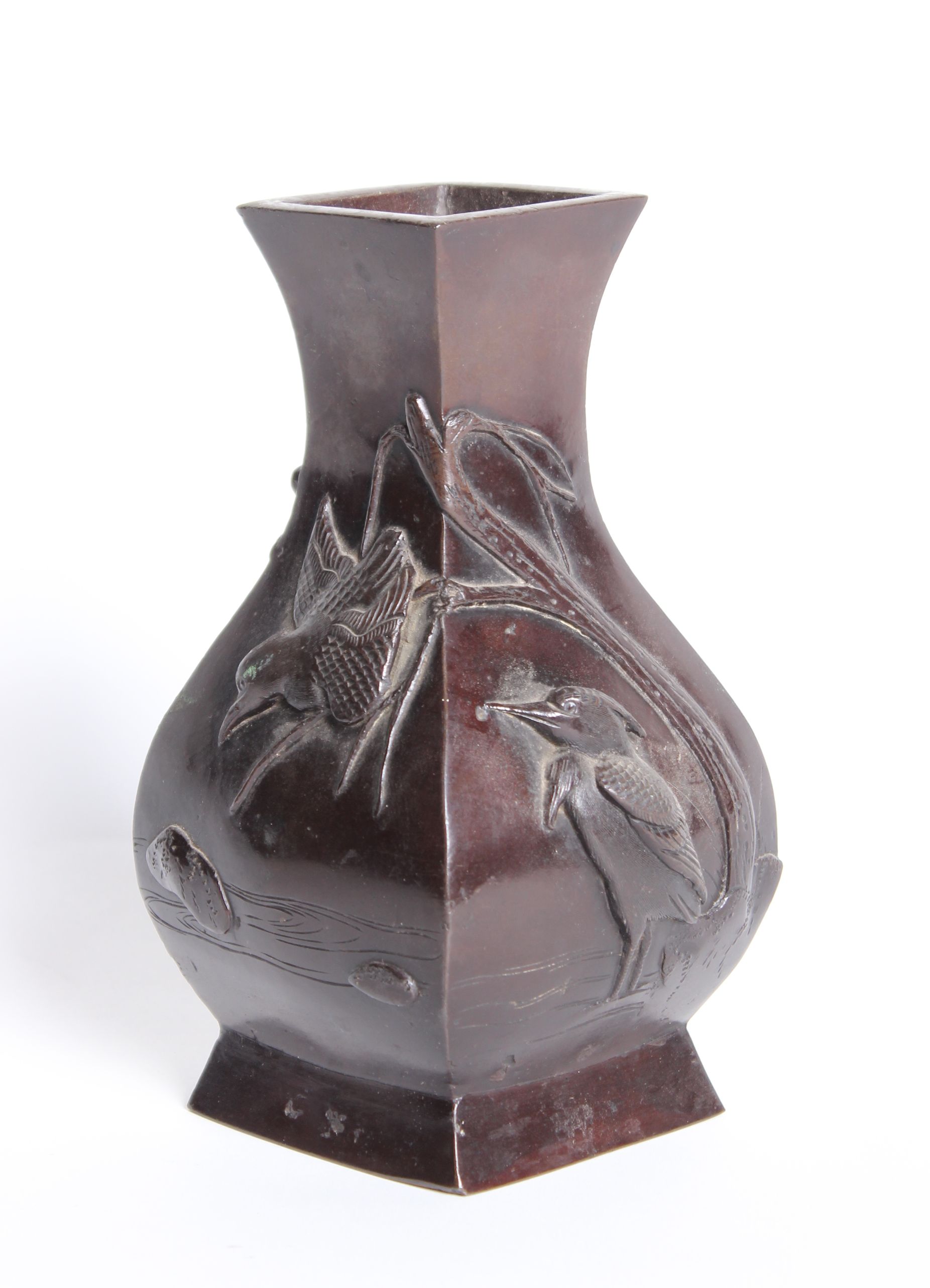 A Japanese bronze vase of baluster angled form, decorated in relief with birds, flowers and foliage, - Image 2 of 2
