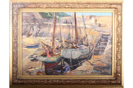 Alexander Carruthers Gould (1870-1948) RBA, 'At Low Tide, Yachts - Minehead Harbour', Somerset. Oil - Image 1 of 3