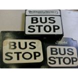 Aldershot & District enamel bus stop sign, with two fibreboard bus stop signs