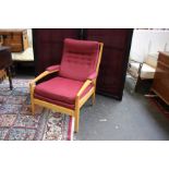 Two red & pink upholstered show wood armchairs