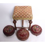 Three Victorian needlework circular footstools and a William and Mary style walnut stool with