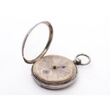 A sterling silver key wind open faced pocket watch, engine turned silver face with gilt accents