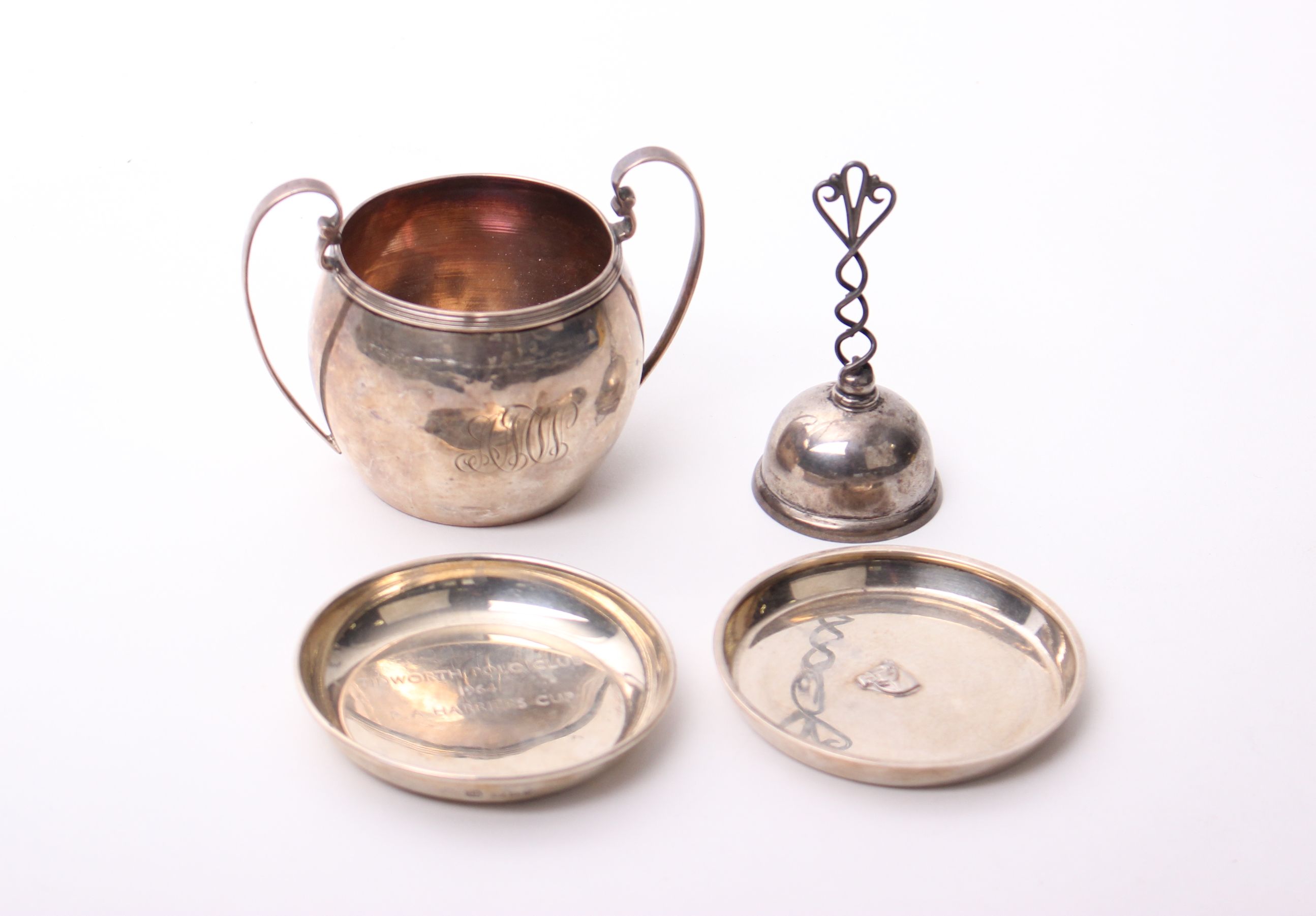 A Sterling silver sugar bowl with gilded interior; together with two sterling silver pin dishes and