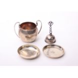 A Sterling silver sugar bowl with gilded interior; together with two sterling silver pin dishes and