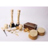 A pair of bone candlesticks, decorated with Japanese geishas. a pair of ivory-backed brushes, two