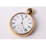 An 18ct gold gentleman's open faced pocket watch, crown wind with white enamel face, Roman numeral