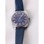 A Dugena Automatic wrist watch, stainless steel case with blue face and red and white baton