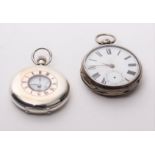 A sterling silver half hunter pocket watch, crown wind, white enamel dial with Roman numeral markers