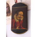 A Regency painted papier-mache spectacles or card case, depicting a young lady on one side and a