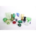 Assorted coloured glass items, comprising a green Kralik vase, a pair of flashed blue wine