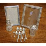 Two sterling silver picture frames; together with some silver teaspoons and two cut glass silver
