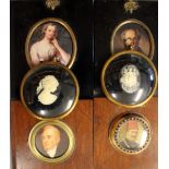 Two Wedgwood oval framed miniature plaques of classical scenes, together with four framed miniatures