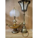 Two brass table lamps, one of classical form with frosted glass shade.