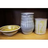 Three pieces of studio pottery by Alan Caiger-Smith to include a mug with gold lustre decoration,