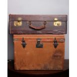 A small canvas and leather trunk and suitcase (2)