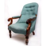 A Victorian button back rose wood armchair on turned legs 100cm(h)