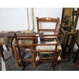 A mahogany stool, a sash clamp, a wooden towel rail, a stick stand, oak framed mirror, a hall