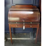 An Edwardian mahogany and string inlay roll top desk with two drawers on square tapering legs.