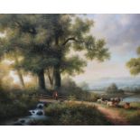 20th century English SchoolFigure Gathering Wood with Dog and CattleOil on canvasInscribed verso75 x