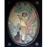 An 18th Century framed silk embroidered picture of a woman holding a bird; a framed embroidery of