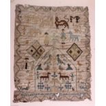 A framed 18th Century needlework sampler by Elizabeth Tomlinson, the ground embroidered in