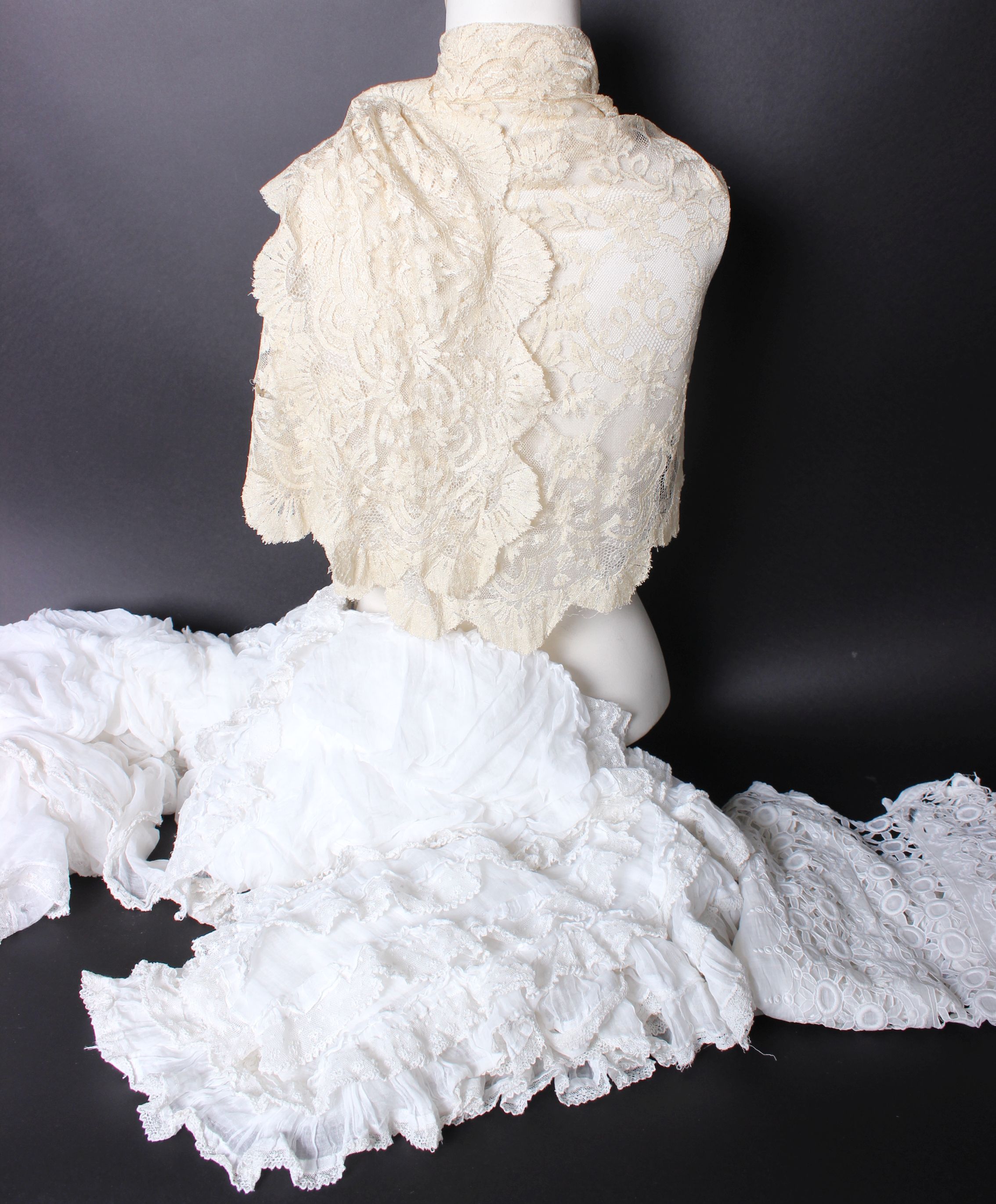 Two late 19th/early 20th Century cream lace-trimmed children's capes, and a quantity of - Image 2 of 2