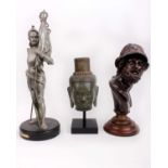 Three metal ware figures to include an Oriental Buddha head on stand, a spelter figure of a knight