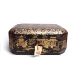 A 19th century Chinese export lacquer work sewing box with fitted interior and numerous ivory and
