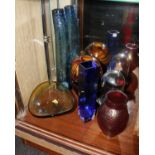 A Loetz style baluster vase together with other items of decorative 20th century coloured glass.(6)