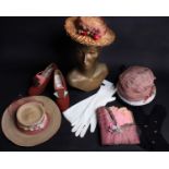 A pair of 1940s rust coloured suede shoes, approximate size 4 UK. A 1920s pink and cream silk hat (