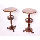 A pair of Victorian work tables, with circular tops, on scrolling feet, diameter 40cm