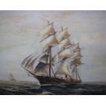 20th century School Sailing Ship on Choppy SeasOil on canvas 60 x 90cm