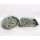 Two Oriental dishes with enamel decoration of Prunus trees and birds.