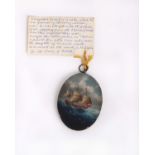 19th Century Chinese School.Three masted Pirate Junk in choppy seas.Oil on oval panel 8.5cm x 6.