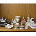 A collection of ceramic items to include a porcelain trumpet vase with hand painted scenes a small