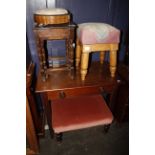 An oak nest of tables, two upholstered stools and a small drop leaf table.