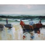 20th century English SchoolCoastal Scene with Boats and FishermenOil on canvas Signed indistinctly