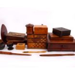 A collection of Treen and other items to include three letter openers, lidded pots and other