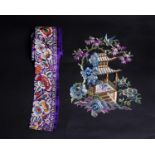 Approximately 3 metres of Chinese mauve silk embroidered edging and an embroidered motif of a lady